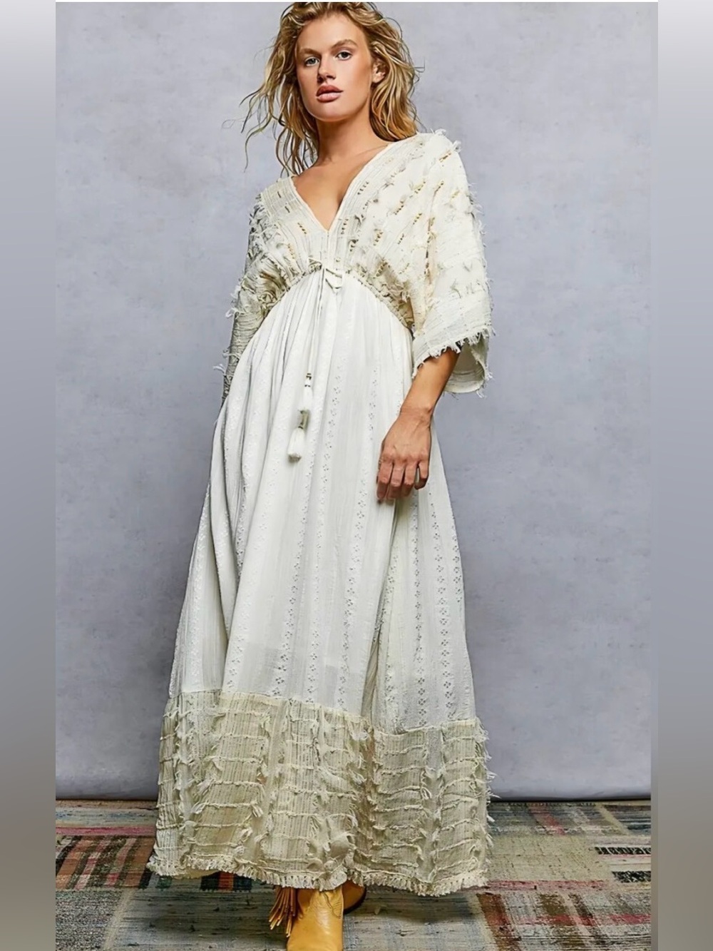POL Ivory Boho Maxi Dress with Tassel Tie